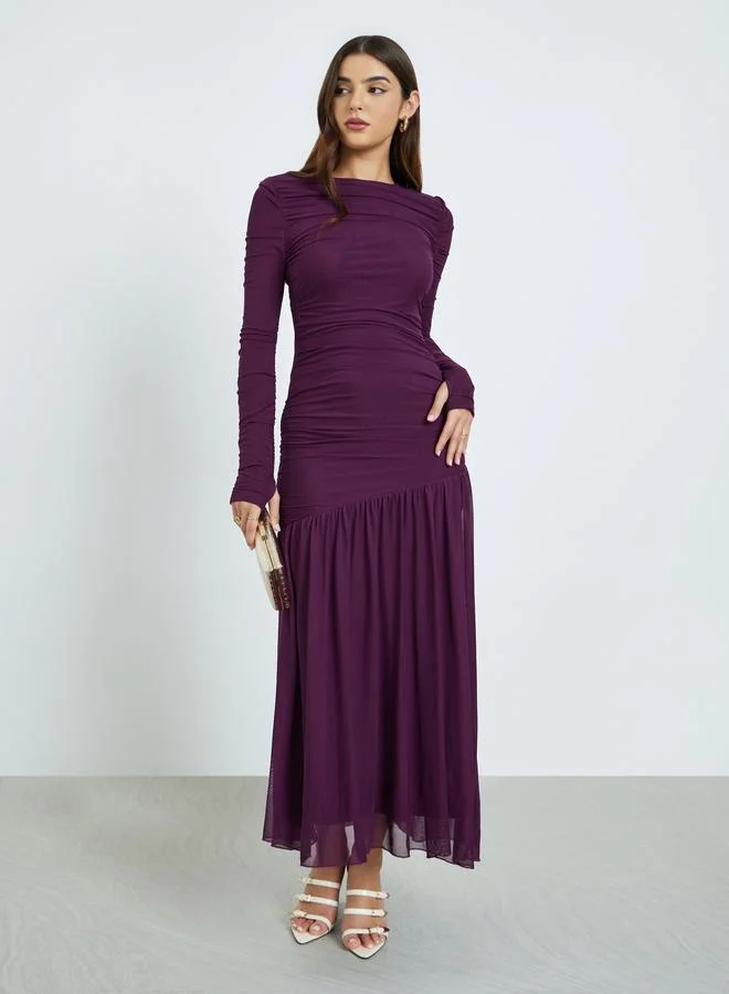 Magenta Ruffle Mesh Hem Maxi Dress