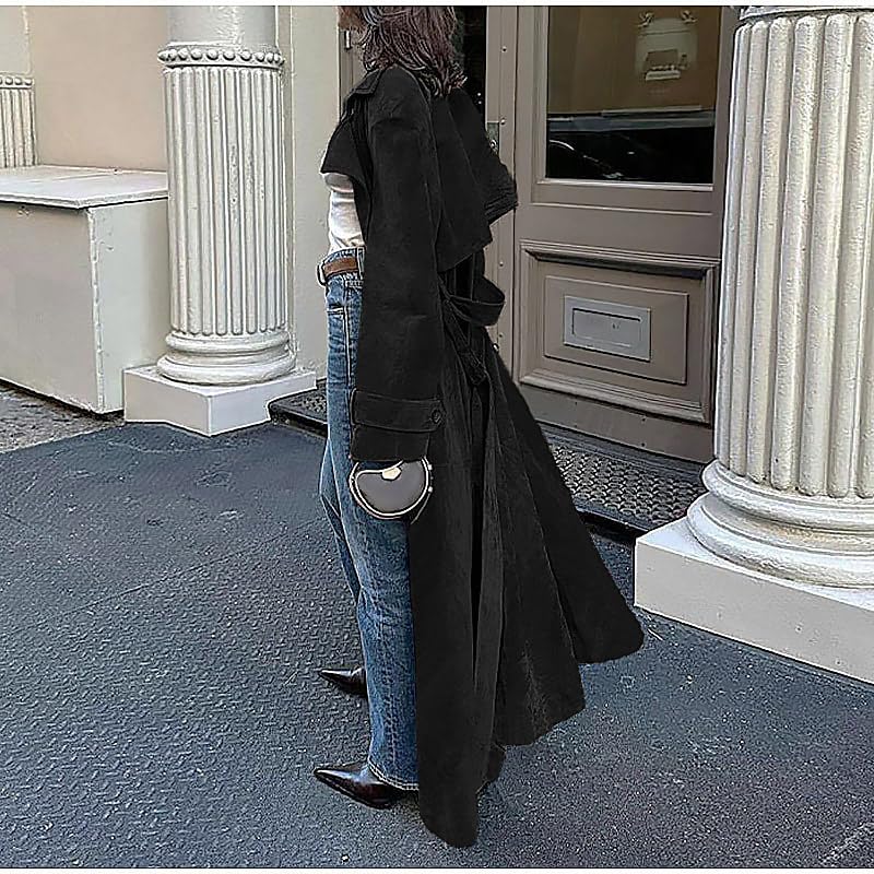 utcoco Womens Faux Suede Long Trench Coat Notched Lapel Double Breasted Pea Coat Overcoat with Belt (XX-Large, Black) - Image 3