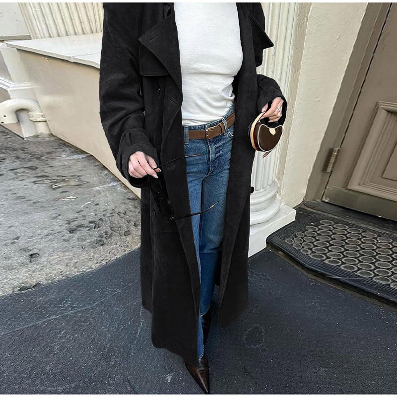 utcoco Womens Faux Suede Long Trench Coat Notched Lapel Double Breasted Pea Coat Overcoat with Belt (XX-Large, Black) - Image 4