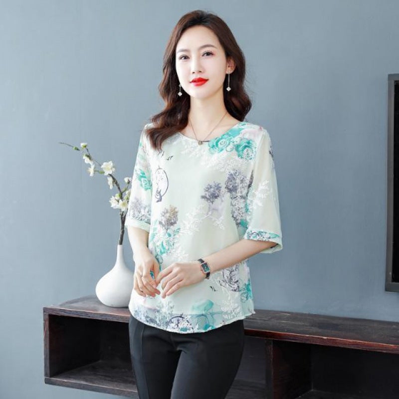 Printed Chiffon Shirt Women'S Middle-Aged Mother'S Summer Top Loose Plus Size Belly Covering Chubby Girl Half-Sleeve T-Shirt - Image 5