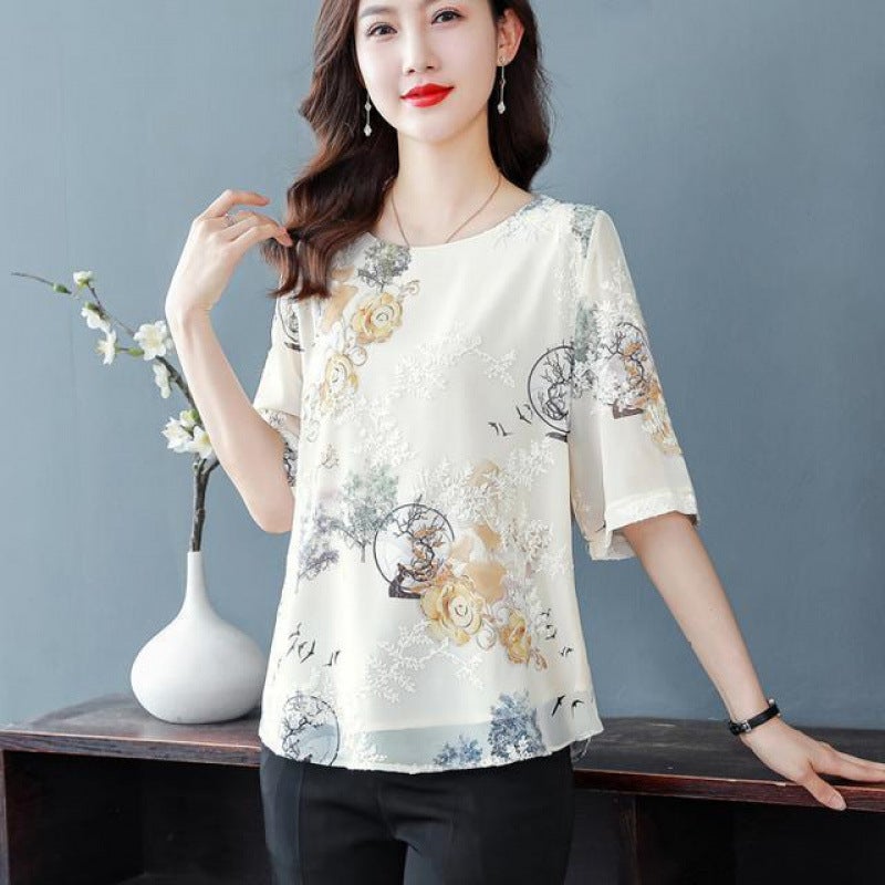 Printed Chiffon Shirt Women'S Middle-Aged Mother'S Summer Top Loose Plus Size Belly Covering Chubby Girl Half-Sleeve T-Shirt - Image 1