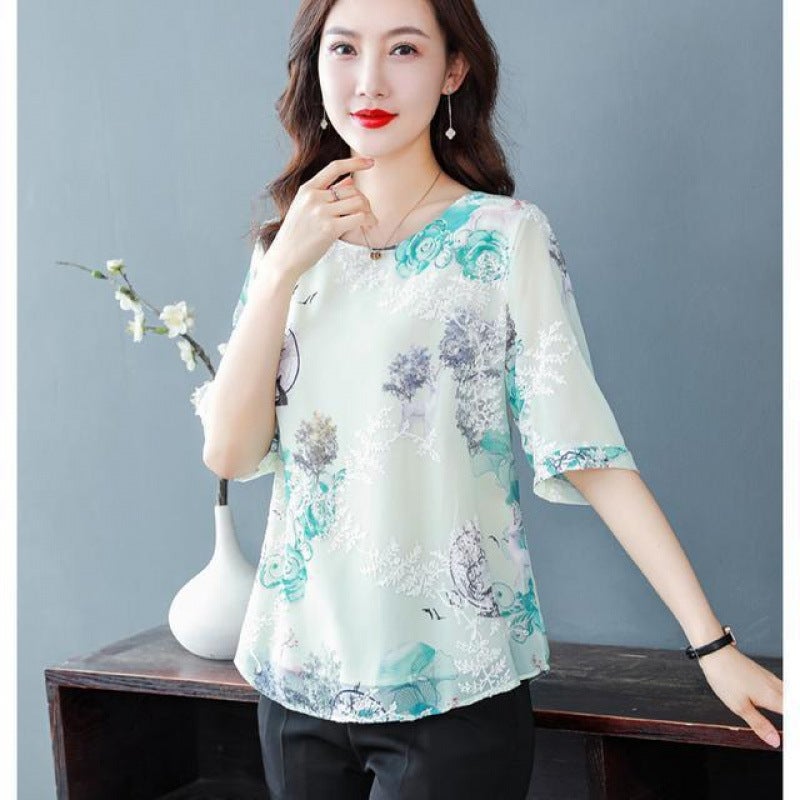 Printed Chiffon Shirt Women'S Middle-Aged Mother'S Summer Top Loose Plus Size Belly Covering Chubby Girl Half-Sleeve T-Shirt - Image 4