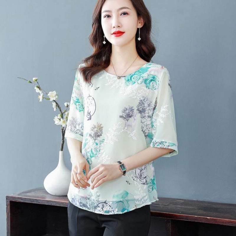 Printed Chiffon Shirt Women'S Middle-Aged Mother'S Summer Top Loose Plus Size Belly Covering Chubby Girl Half-Sleeve T-Shirt - Image 2