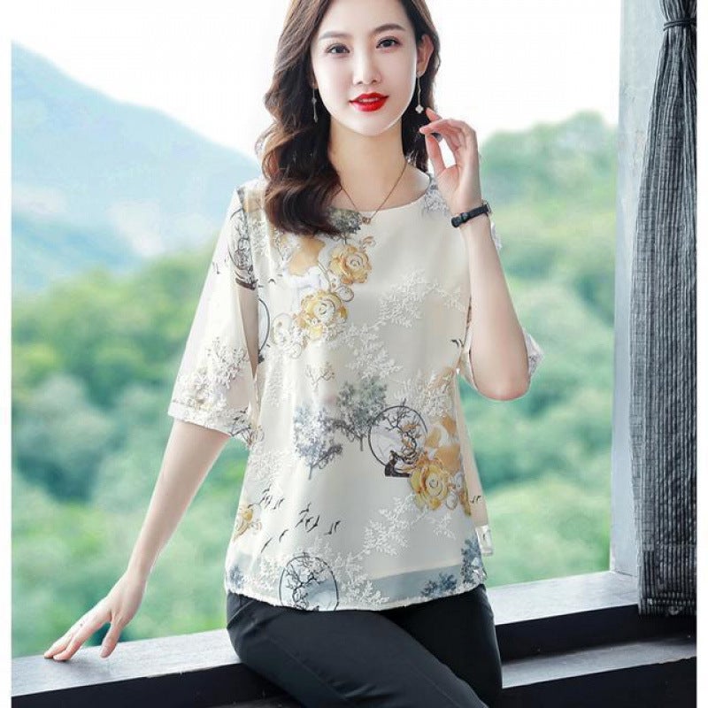 Printed Chiffon Shirt Women'S Middle-Aged Mother'S Summer Top Loose Plus Size Belly Covering Chubby Girl Half-Sleeve T-Shirt - Image 3