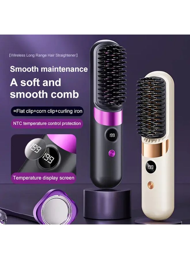 Beige Cordless Hot Hair Straightener Comb 2 In 1 USB Charging 4 Speed Adjustable Heat For Women Men Short Hair Portable - Image 3