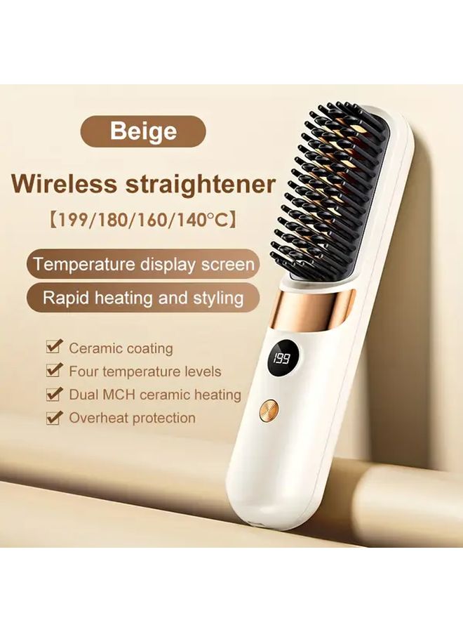Beige Cordless Hot Hair Straightener Comb 2 In 1 USB Charging 4 Speed Adjustable Heat For Women Men Short Hair Portable - Image 5