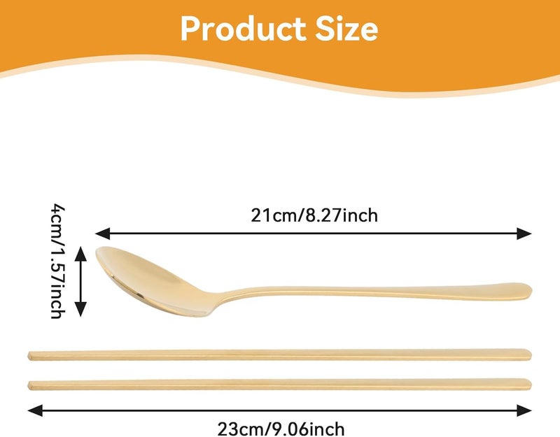 Beufee Gold Chopstick Spoon Set Portable Cutlery Set Reusable Cute Metal Stainless Steel Korean Chopstix Spoon Set for Home TravelGold - Image 3