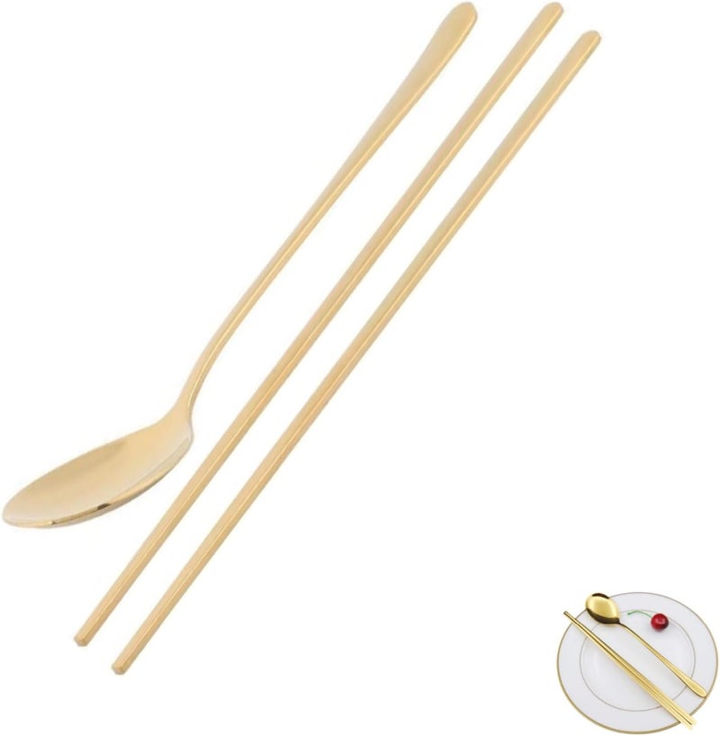 Beufee Gold Chopstick Spoon Set Portable Cutlery Set Reusable Cute Metal Stainless Steel Korean Chopstix Spoon Set for Home TravelGold - Image 1