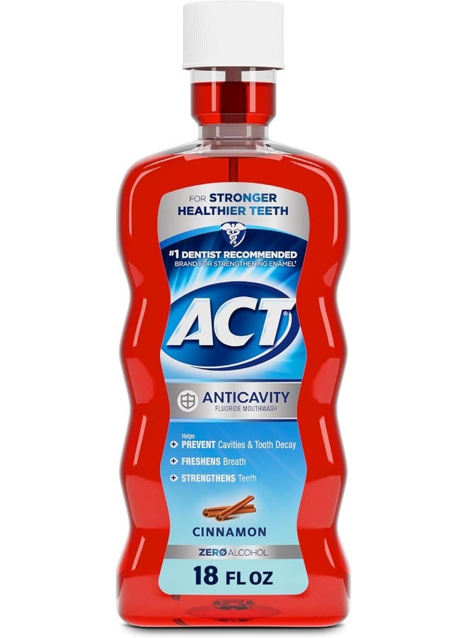 ACT Anticavity Zero Alcohol Fluoride Mouthwash 18 fl. oz, With Accurate Dosing Cup, Cinnamon - Image 1