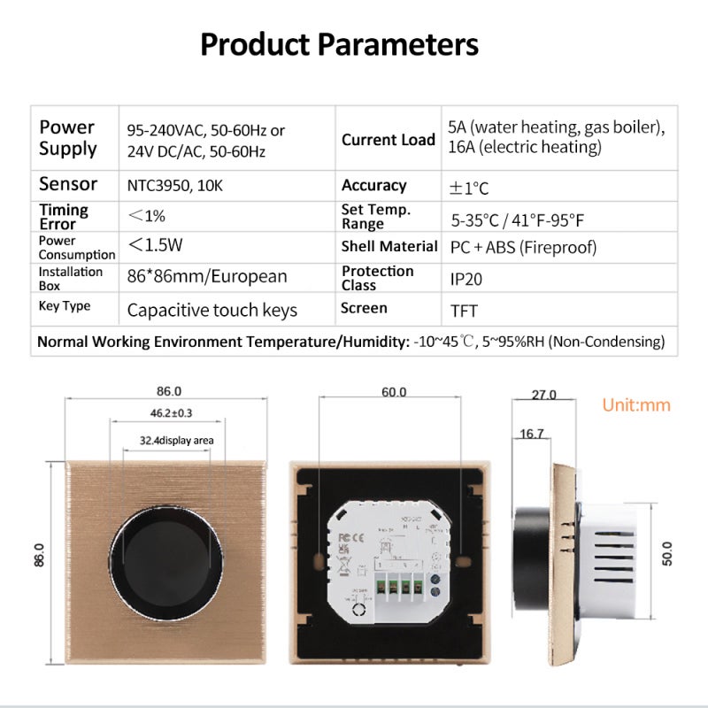 WiFi Smart Thermostat, 3.2 Inch Circular 240*240 TFT, Above 6H Tempered Glass - Superfine Aluminum Side Knob Smart Thermostat for Water Heating - Image 4