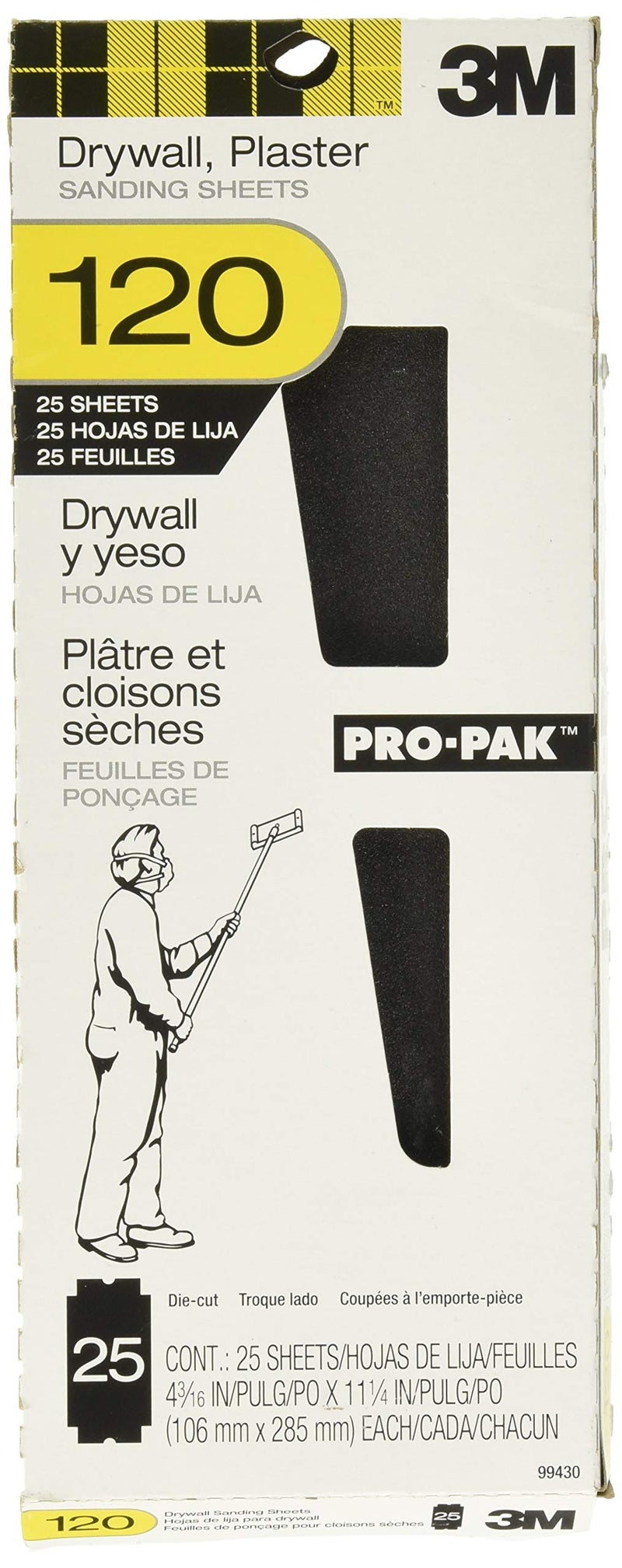 3M Pro-Pak Drywall Sanding Paper, 25 Sheets, 120 Grit, 4.2 in x 11.25 in, Pre-Cut Sheet Fit Most Drywall Sanding Tools, Heavy-Duty Paper Backing Resist Tearing, Resist Clogging For Longer Life (99430) - Image 1