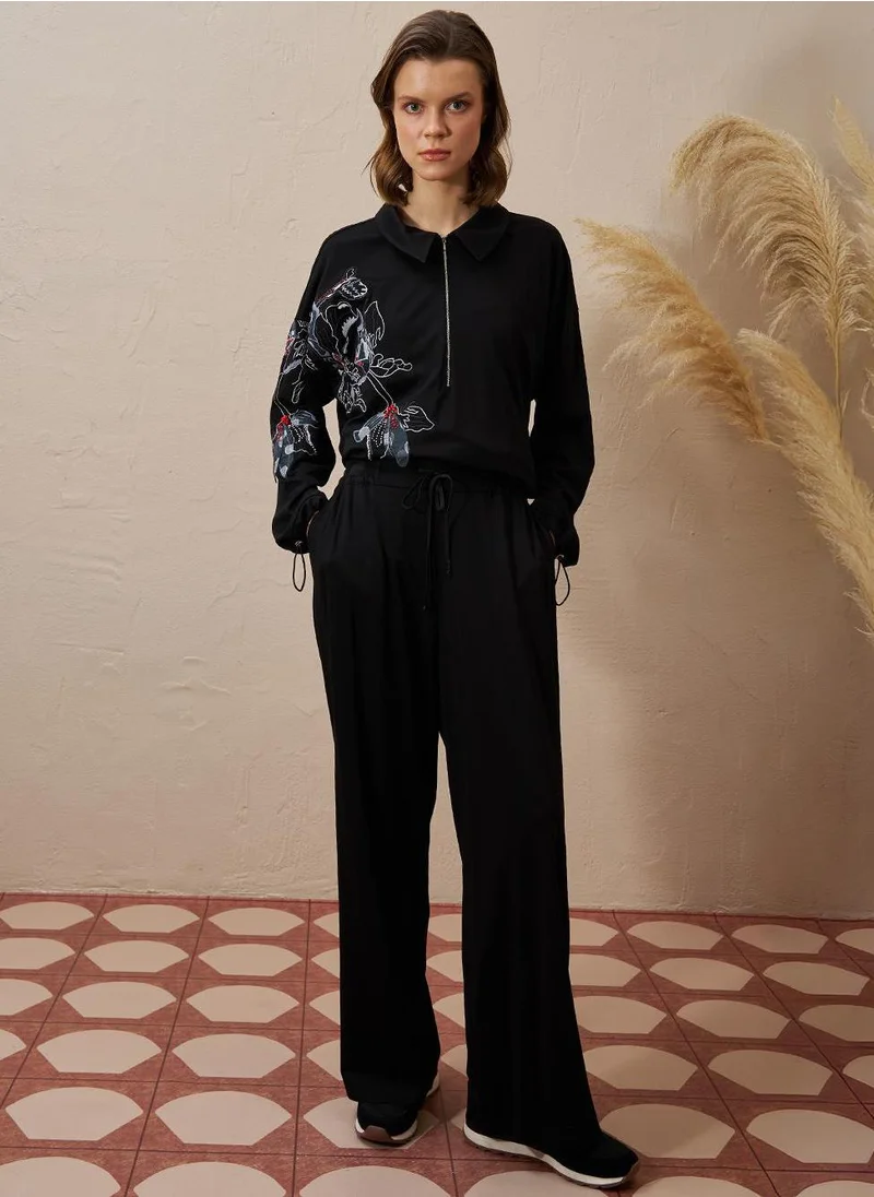 Kayra Embroidered Appliqued Rayon Two Piece Suit Black