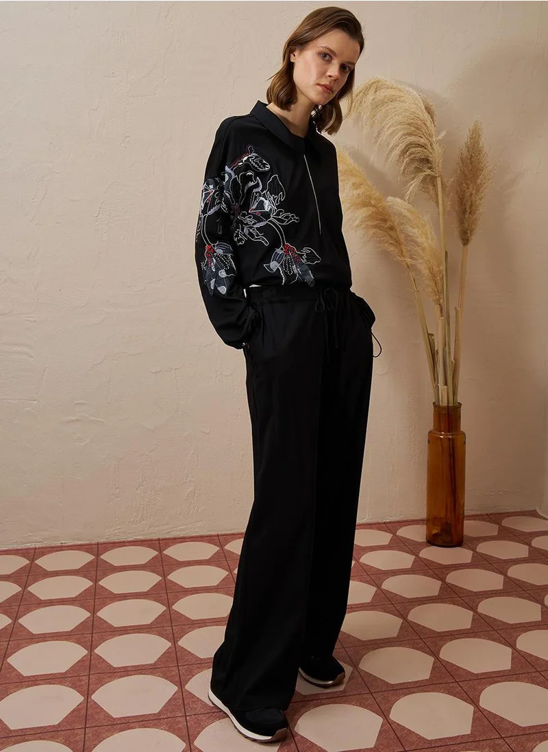 Kayra Embroidered Appliqued Rayon Two Piece Suit Black