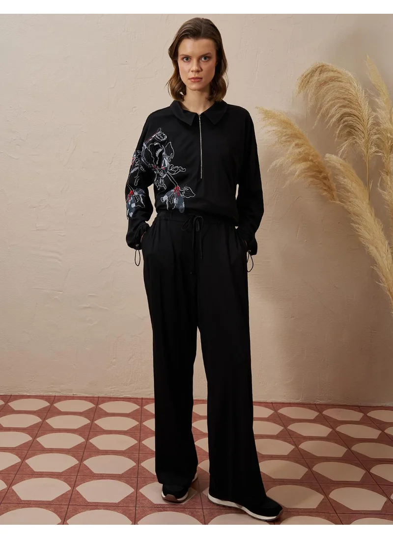 Kayra Embroidered Appliqued Rayon Two Piece Suit Black