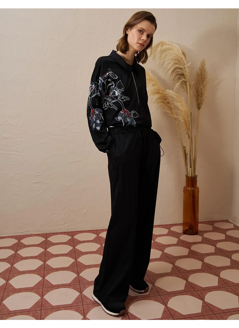 Kayra Embroidered Appliqued Rayon Two Piece Suit Black