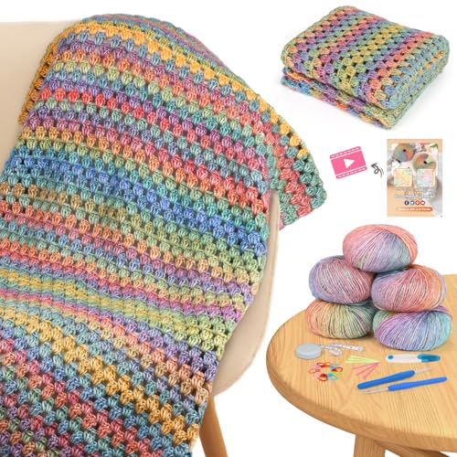 Aeelike Blanket Crochet Kit for Beginners, Super Easy Crochet Blanket Kit with Soft & Colorful Gradient Yarns Detailed Video Tutorials Crocheting Accessories, Rainbow Gradient & Ideal Gift - Image 1