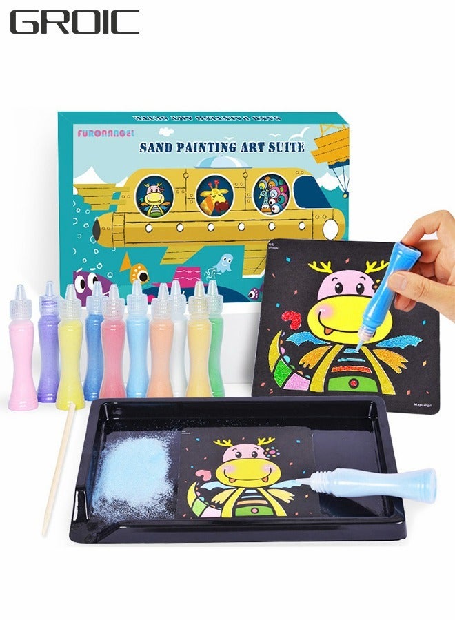 GROIC Sand Art Kit Sand Painting Kit for Kids, Complete DIY Sand Painting Tool, 10 Colored Sand Paintings with 10 Bottles of Sand，Sand Tables, Wooden Pen Sand Art Toys - Image 1