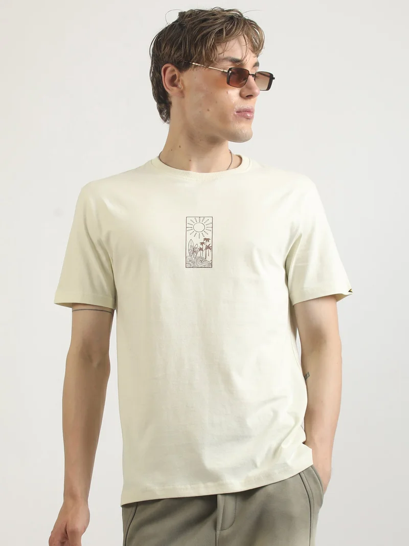 مانياك Maniac Mens Printed Round Neck Half Sleeve Black and Cream Cotton T-Shirt