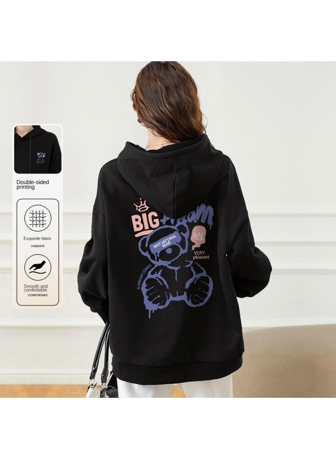 Baleno Double-sided Print】bear Pattern Hooded Sweatshirt For Women, Loose Autumn Top With Large Pockets For A Slimming Look - Image 2