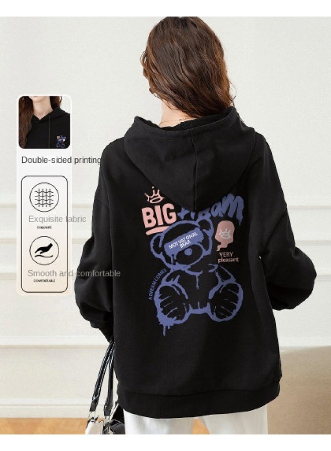 Baleno Double-sided Print】bear Pattern Hooded Sweatshirt For Women, Loose Autumn Top With Large Pockets For A Slimming Look - Image 1