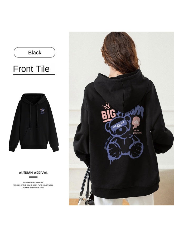 Baleno Double-sided Print】bear Pattern Hooded Sweatshirt For Women, Loose Autumn Top With Large Pockets For A Slimming Look - Image 4
