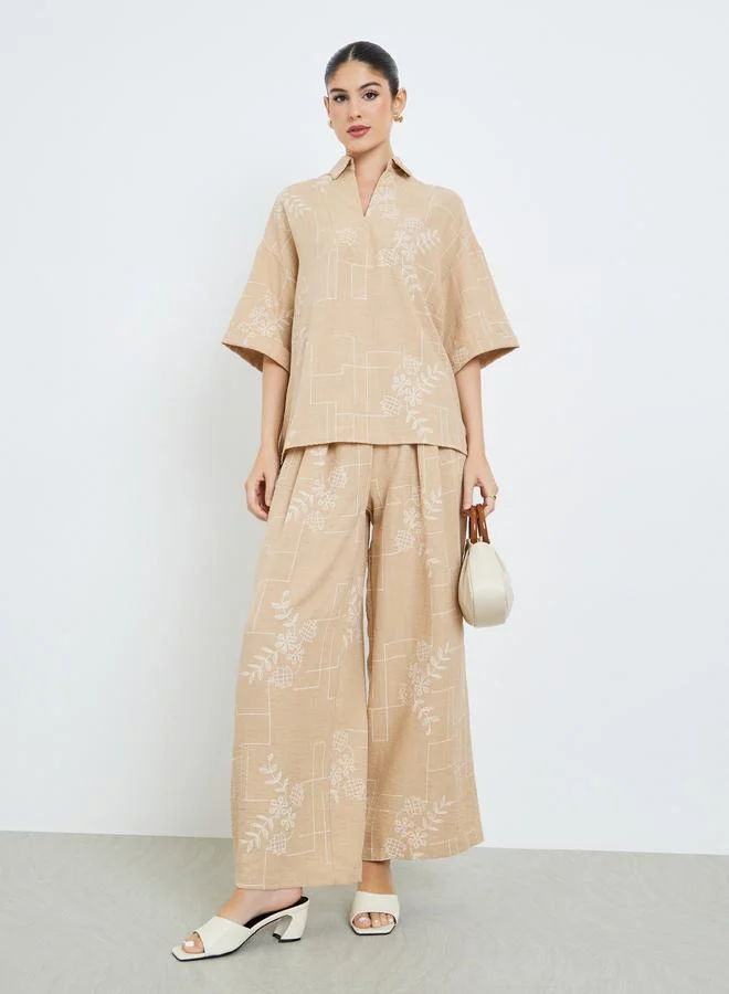 Amirah Beige Floral Print Open Collar Top and Pants Modest Set