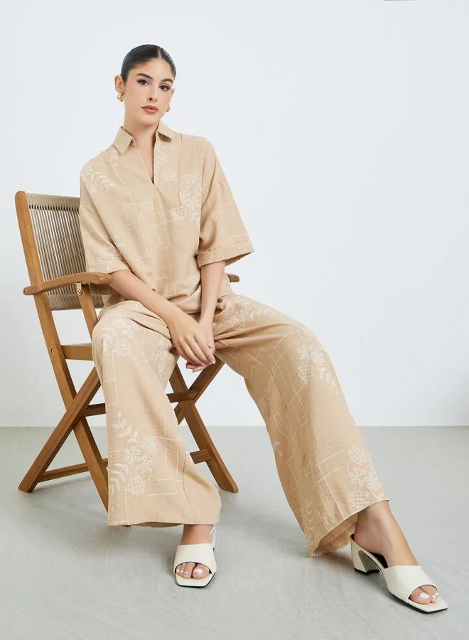 Beige Floral Print Open Collar Top and Pants Modest Set