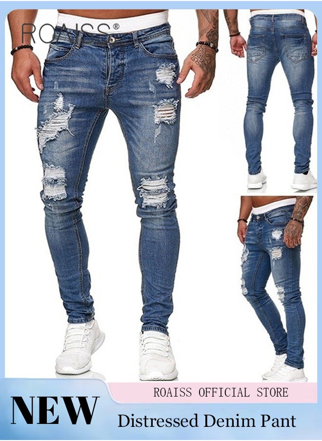 roaiss - Men'S Fashionable Ripped Tight Jeans Casual Versatile Elastic Pencil Pants With Classic Five Pocket Design - Image 1