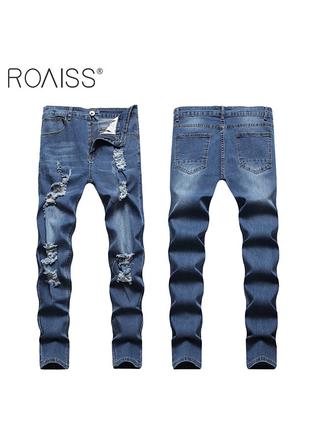 roaiss - Men'S Fashionable Ripped Tight Jeans Casual Versatile Elastic Pencil Pants With Classic Five Pocket Design - Image 1