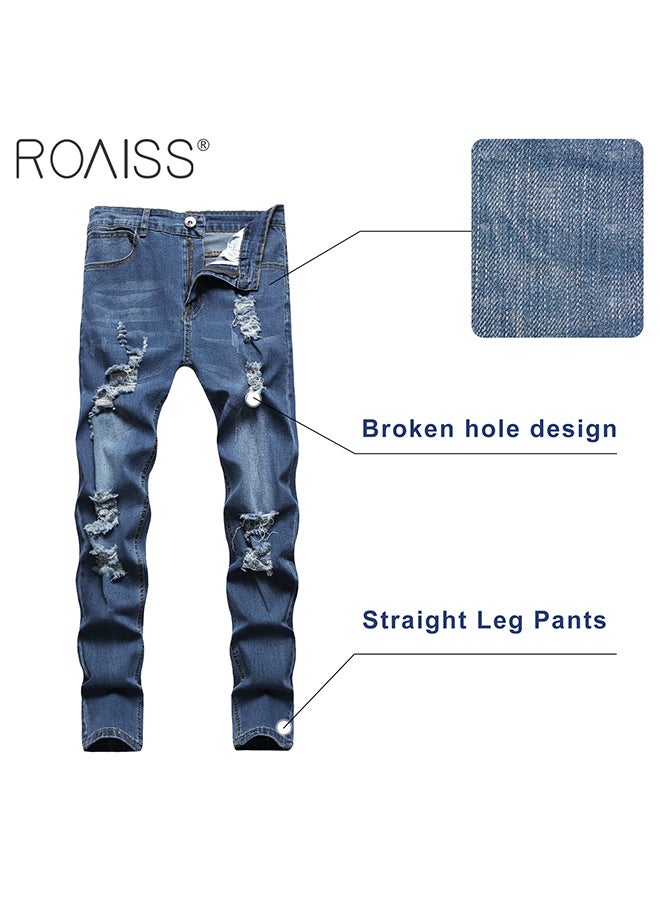 roaiss - Men'S Fashionable Ripped Tight Jeans Casual Versatile Elastic Pencil Pants With Classic Five Pocket Design - Image 1
