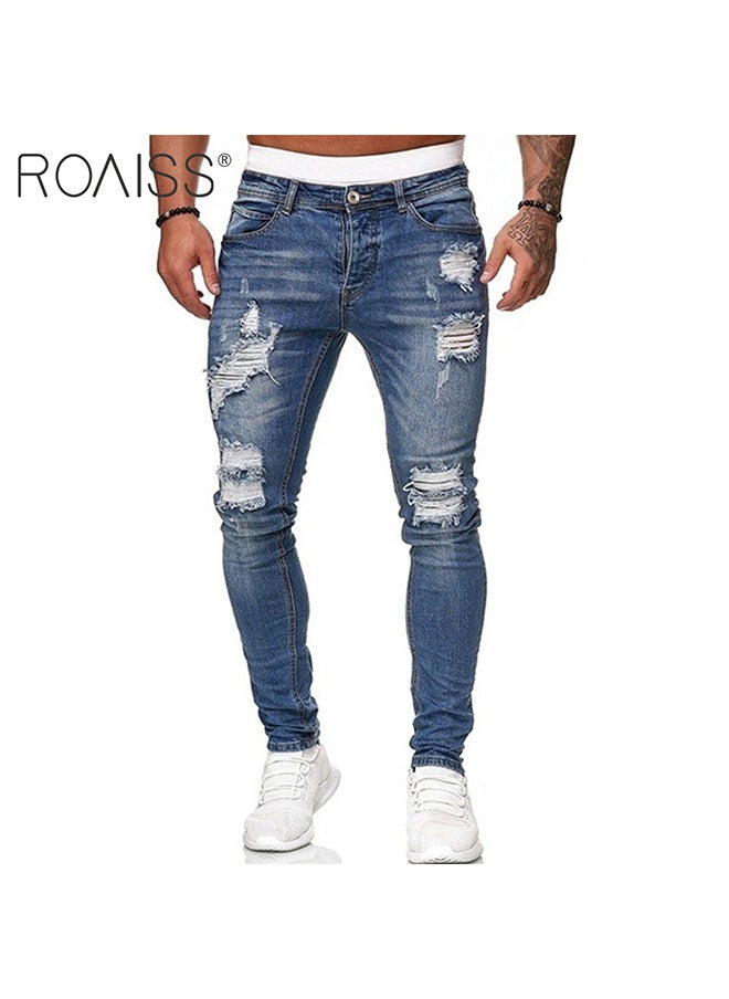 roaiss - Men'S Fashionable Ripped Tight Jeans Casual Versatile Elastic Pencil Pants With Classic Five Pocket Design - Image 1