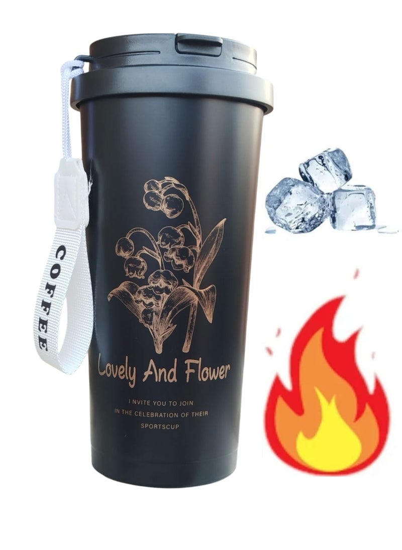 Generic - 500ml Insulated Coffee Mug with Leak-Proof Lid and Collapsible Straw, High Quality Stainless Steel Reusable Portable Leak-Proof Coffee Cup (Black) Sold by (Black Fire) - Image 1