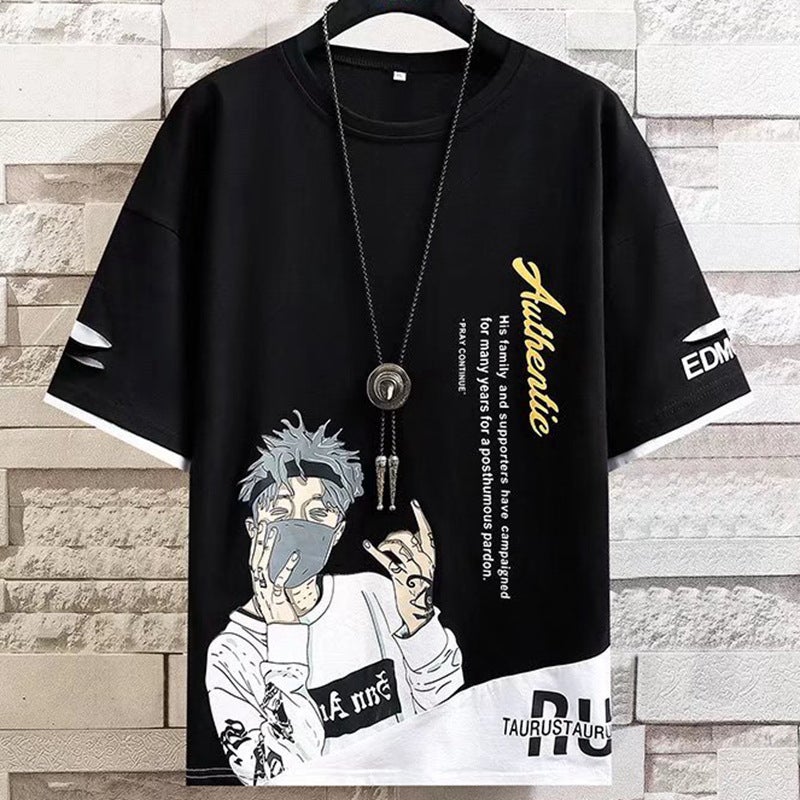 Color matching cartoon printed short-sleeved T-shirt men's summer loose t-shirt half-sleeved T-shirt youth top men's bottoming shirt - Image 1