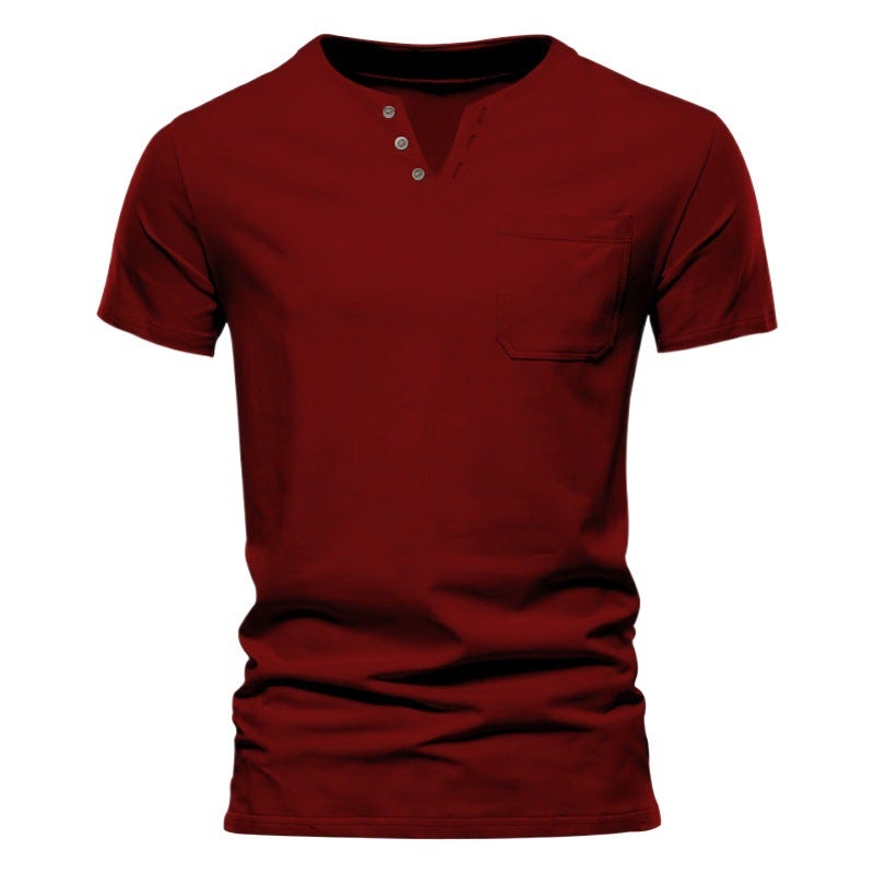 Summer Casual T-shirt Men''s Fashion Trend Sports Slim-fit Solid Color V-neck Pocket Men''s Half-sleeve Top Blast - Image 2