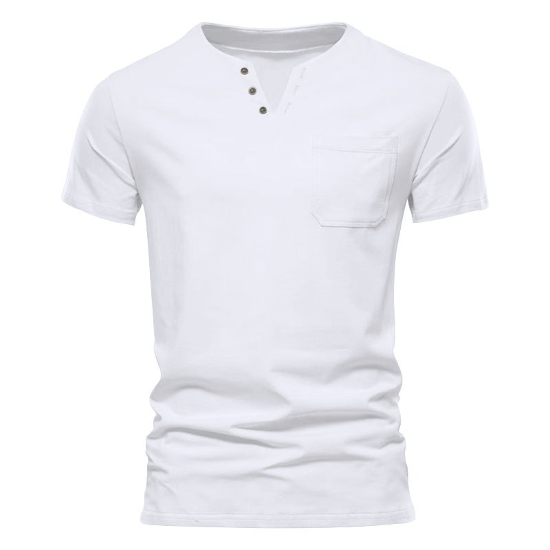 Summer Casual T-shirt Men''s Fashion Trend Sports Slim-fit Solid Color V-neck Pocket Men''s Half-sleeve Top Blast - Image 1