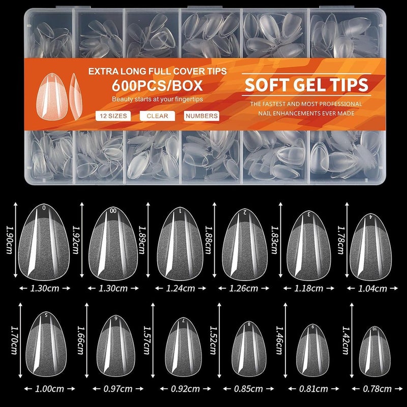 Nails magic QUEENFINGER Soft Gel Nail Tips – 600 Pcs Short Almond Shape, 12 Sizes – Full Cover Clear Tips for DIY Nails & Salons - Image 2