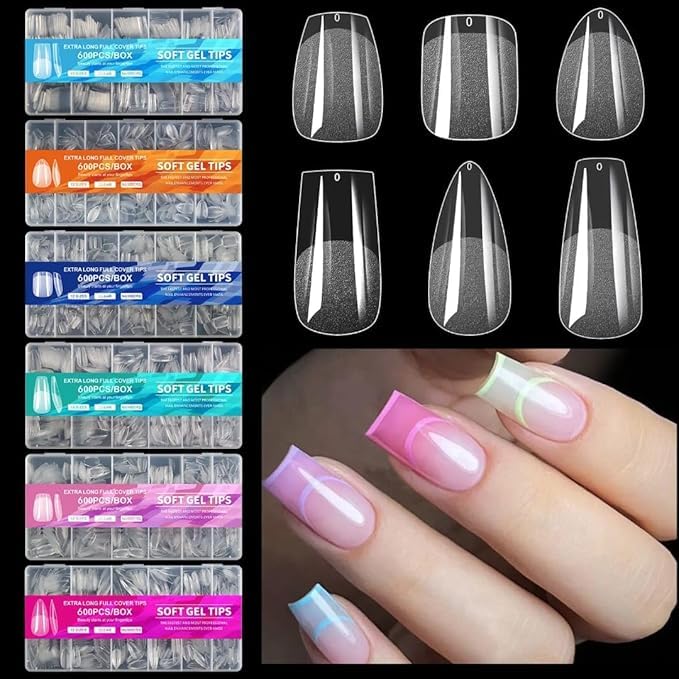 Nails magic QUEENFINGER Soft Gel Nail Tips – 600 Pcs Short Almond Shape, 12 Sizes – Full Cover Clear Tips for DIY Nails & Salons - Image 3