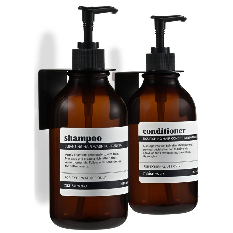 MAISONOVO MaisoNovo Shampoo and Conditioner Dispenser  Shower Soap Dispenser Wall Mounted  169 fl oz Set of 2 Amber Plastic Bottles Black Pump  Shampoo Dispenser Shower Dispenser 2 Chamber No Drill