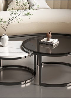 keke Set Of 2 Modern Round Coffee Table With Top Marble Stone and Metal Frame  - Image 2