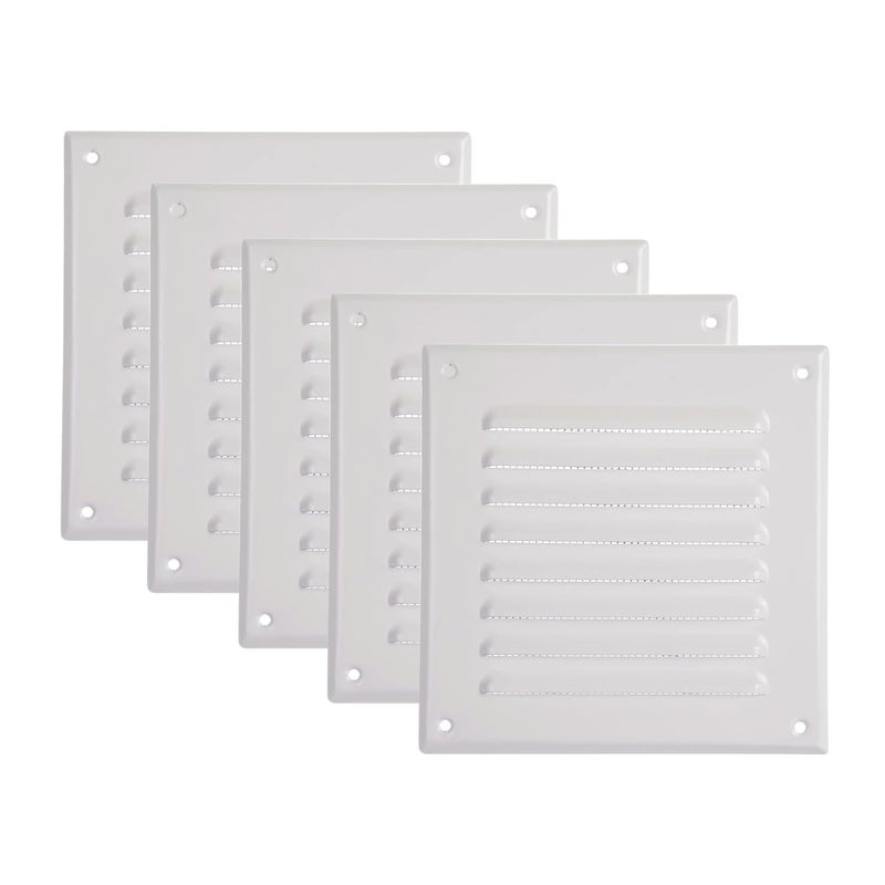 Vent Systems - 5 x 5 Inch (Inner) Pack of 5 White Metal Square Soffit Air Vent Grille Cover, Register Vent Deflector Louver Built-in Mesh HVAC for Bathroom Home Office Kitchen 6.5" x 6.5" (Outer) - Image 1