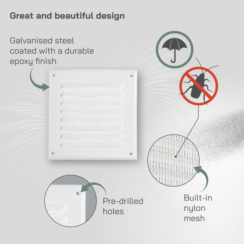 Vent Systems - 5 x 5 Inch (Inner) Pack of 5 White Metal Square Soffit Air Vent Grille Cover, Register Vent Deflector Louver Built-in Mesh HVAC for Bathroom Home Office Kitchen 6.5" x 6.5" (Outer) - Image 3