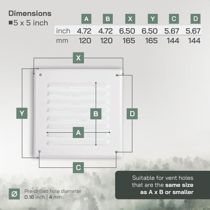 Vent Systems - 5 x 5 Inch (Inner) Pack of 5 White Metal Square Soffit Air Vent Grille Cover, Register Vent Deflector Louver Built-in Mesh HVAC for Bathroom Home Office Kitchen 6.5" x 6.5" (Outer) - Image 2