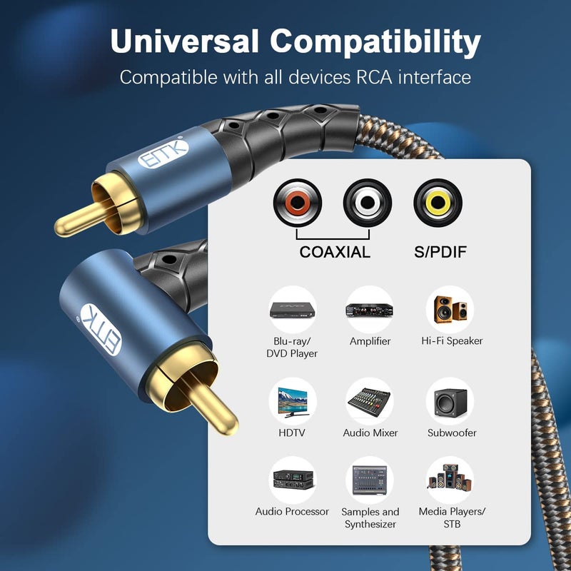 EMK RCA Subwoofer Cable 90 Degree RCA to RCA Audio Cable 24K Gold-Plated Nylon Braided Double Shielded Digital Analogue Supports Amplifiers,Home Theater,Hi-Fi Systems,Subwoofer(15ft/5m) - Image 2