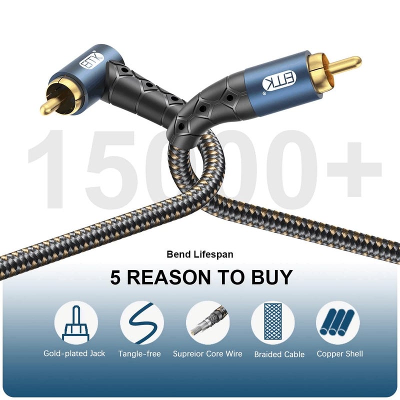 EMK RCA Subwoofer Cable 90 Degree RCA to RCA Audio Cable 24K Gold-Plated Nylon Braided Double Shielded Digital Analogue Supports Amplifiers,Home Theater,Hi-Fi Systems,Subwoofer(15ft/5m) - Image 5