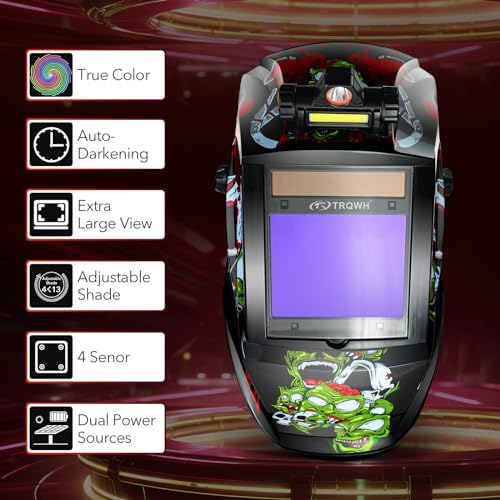 TRQWH Welding Helmet Auto Darkening with LED Light Large View Solar Powered True Color Welding Hood 4 Arc Sensor Wide Shade 4/5-9/9-13 Welding Mask for TIG MIG Arc Weld Grinding (TRQWH-LE01) - Image 2