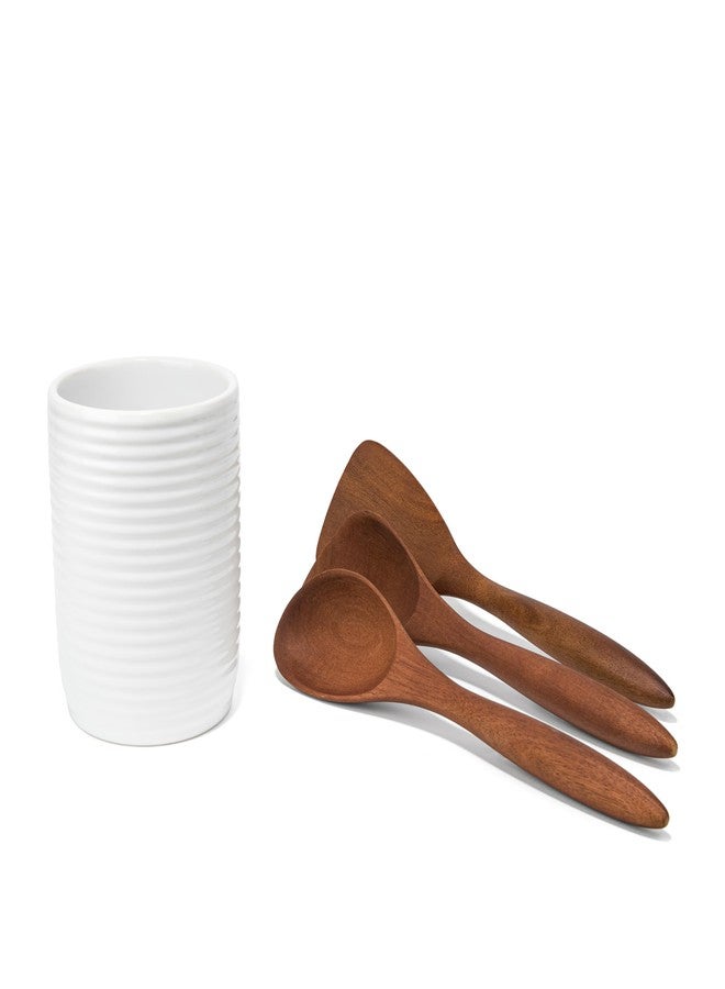 Nambe x Tom Papa Breaking Bread Canister with Acacia Wood Utensils - Contemporary Stoneware Kitchen Tool Holder, Includes Round Spoon, Flat Spoon & Spatula - Modern Baking & Cooking Tools - Image 3