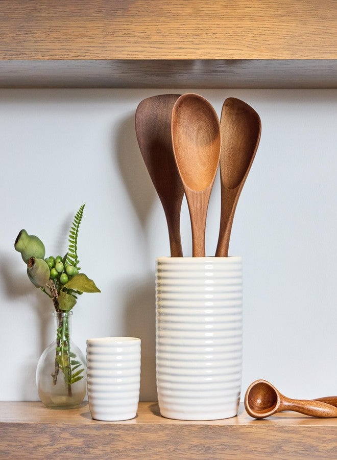 Nambe x Tom Papa Breaking Bread Canister with Acacia Wood Utensils - Contemporary Stoneware Kitchen Tool Holder, Includes Round Spoon, Flat Spoon & Spatula - Modern Baking & Cooking Tools - Image 5