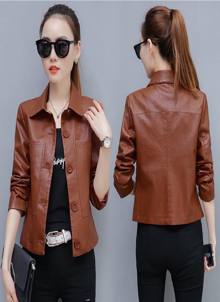 Eckek - Ladies Faux Leather Jacket Spring Autumn PU Short Coat Clothes Bomber Clothing Motorcycle Leather - Image 1