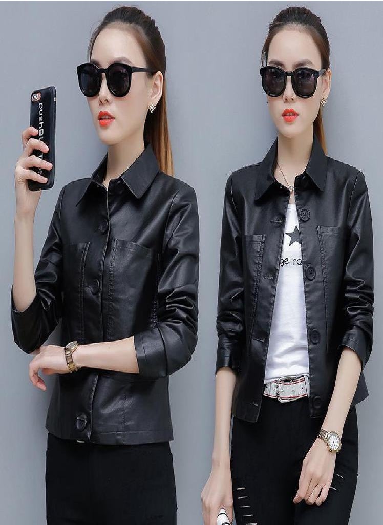 Eckek - Ladies Faux Leather Jacket Spring Autumn PU Short Coat Clothes Bomber Clothing Motorcycle Leather - Image 1