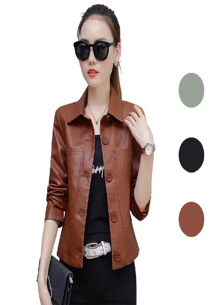 Eckek - Ladies Faux Leather Jacket Spring Autumn PU Short Coat Clothes Bomber Clothing Motorcycle Leather - Image 1